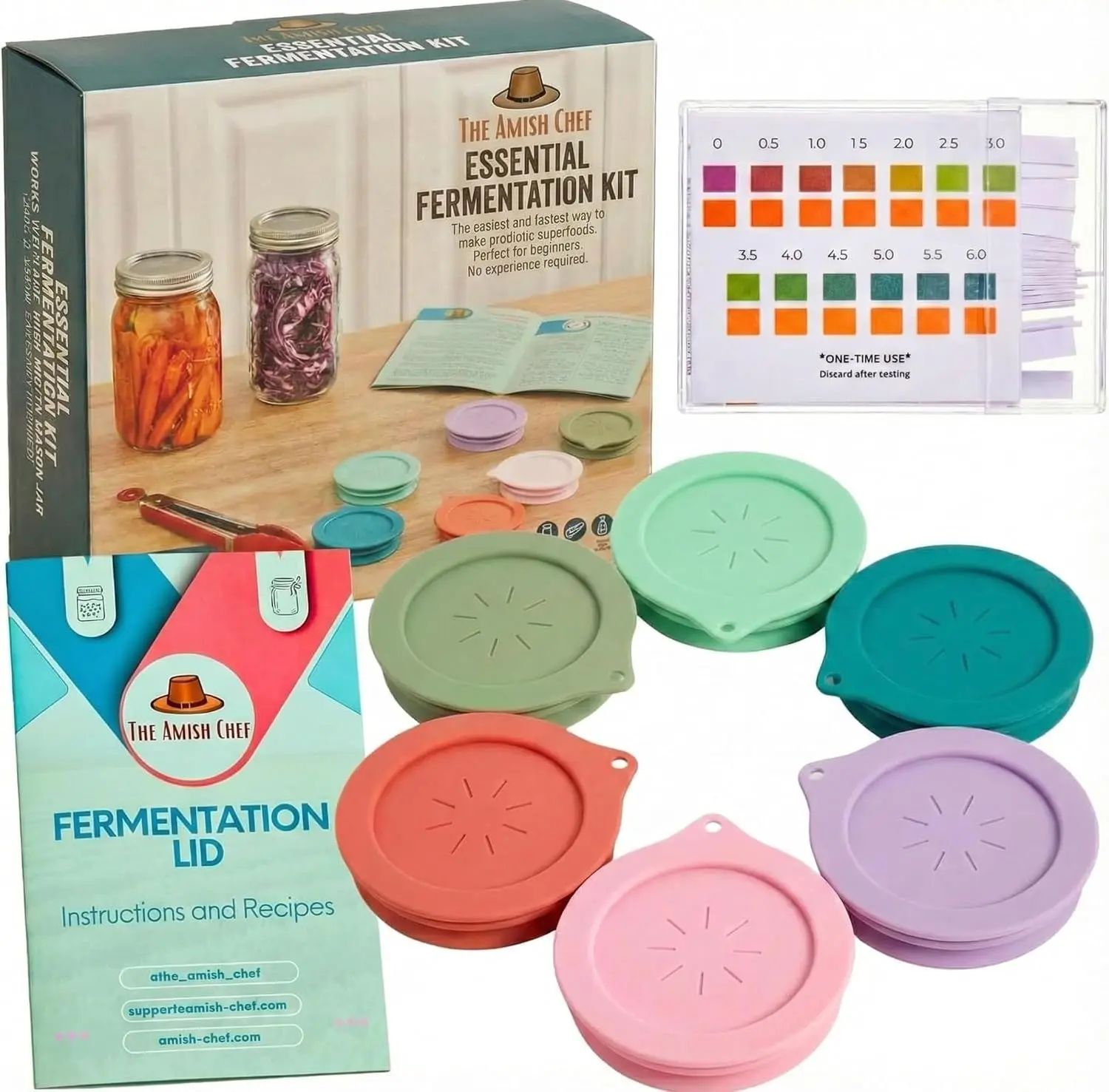 Basic Fermentation Kit for Wide Mouth Mason Jars - 6 Pack Silicone Fermenting Lids, Waterless Airlock Fermentation Tops for Pickles, Kimchi, Fermented Probiotic Food - Weights NOT Included