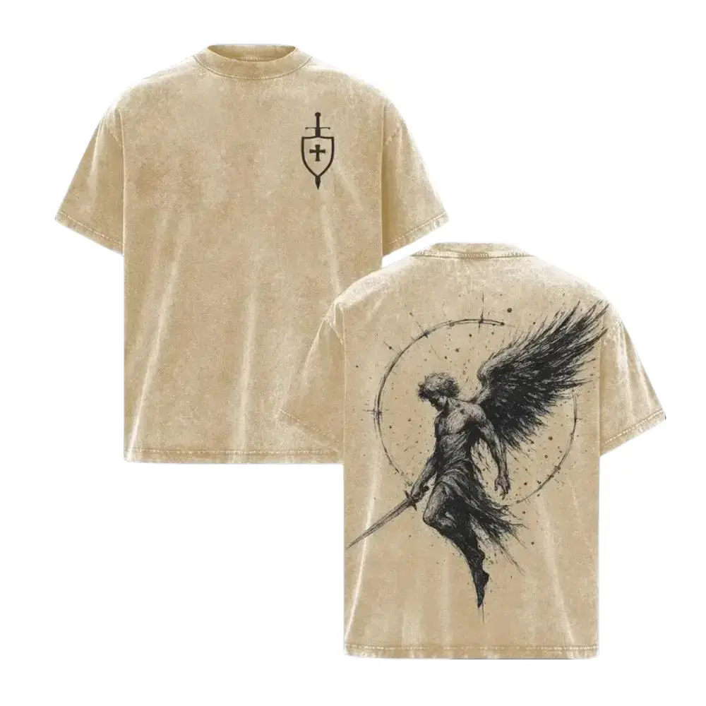 Sanctus Michael Archangelus x Flaming Sword x Shield x Scales of Justice Archangel Michael T-Shirt Washed Church Outfit Gym Pump Cover ,Christian Religious , Jesus Apparel Unisex 100% Cotton T-shirt vintage