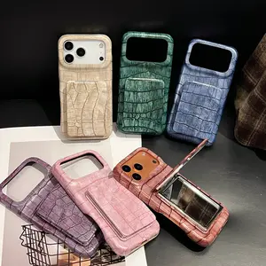 Retro Fashion Leather Imitation Crocodile Skin Texture Protective Cover Case For iPhone 17 16 15 14 13 Pro Max with Flip-up Mirror Holder
