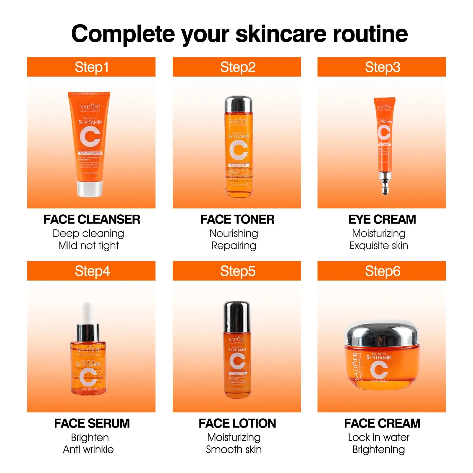 SADOER 5X Vitamin C 6-in-1 Total Care Skincare Set - Cleanser