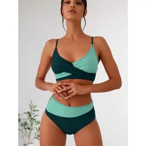 Two-Tone Teal & Mint Wrap Bikini Set High Waist 2 Piece Swimsuit #TwoToneBikini #WrapTop #HighWaistBikini #TealSwimsuit #BeachWear
