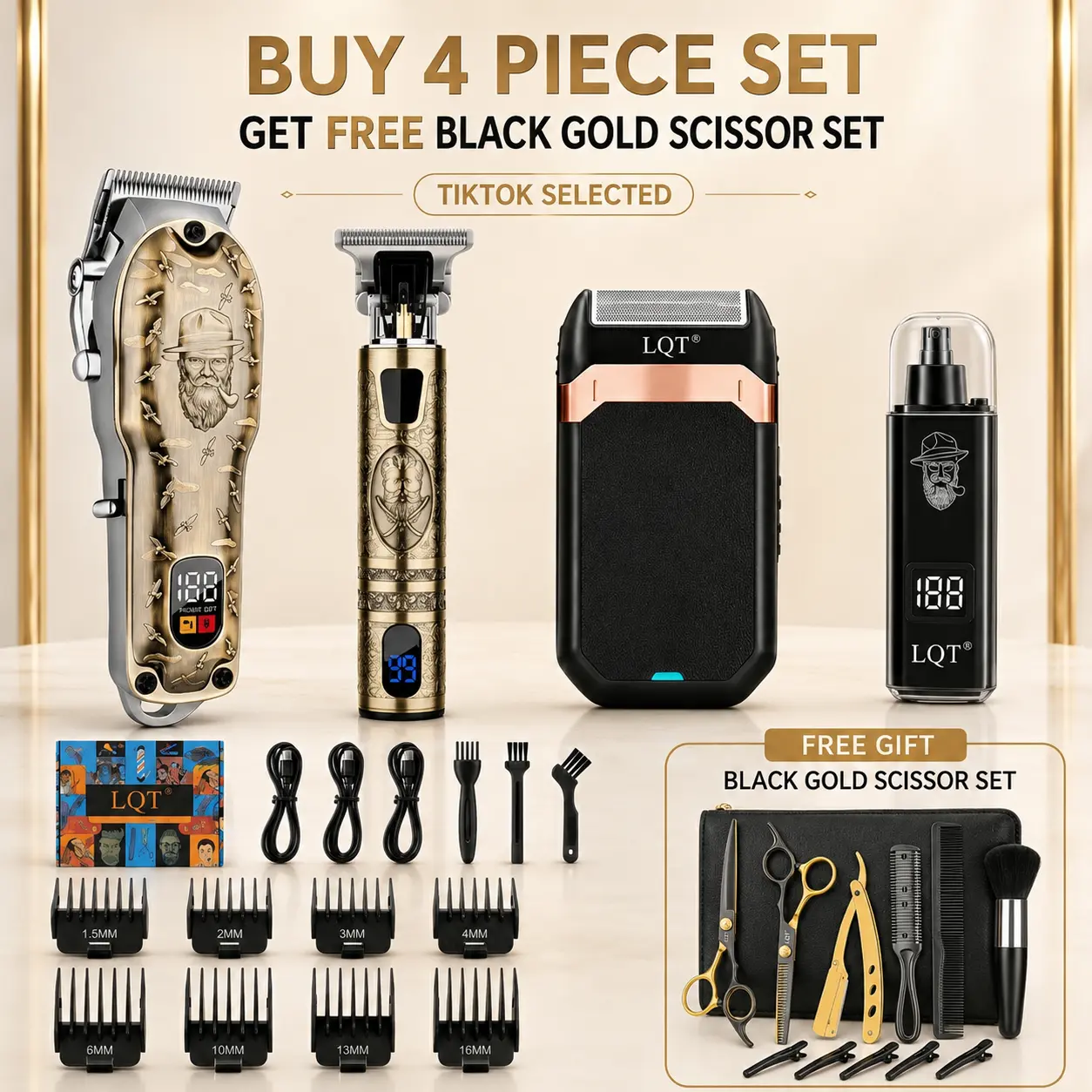 LQT Ultimate Barber Kit: 4in1 Professional Hair Clipper Set with Free Shear Set(11pcs), Hair Clipper,  Trimmer,  Shaver & Nose Hair Trimmer, Cordless with LED Display, Complete Accessories, Precision Blades -  Men’s Grooming Kit, Father's Day Gift