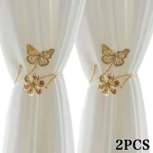 1/2pcs Modern Metal Butterfly And Flower Curtain Tiebacks, Adjustable No-Drill Holdbacks for Living Room, Bedroom, Office Decor, Butterfly Room Decor, Christmas Decoration