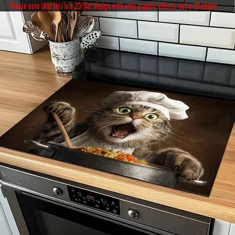 Chef & Cat Stove Cover Mat, Non-Slip Heat Resistant Linen Kitchen Protector, Reusable Scratch Resistant Cover for Induction & Glass Cooktops, Washer & Dryer, Kitchen Decor, 11.8 x 17.7 Inch