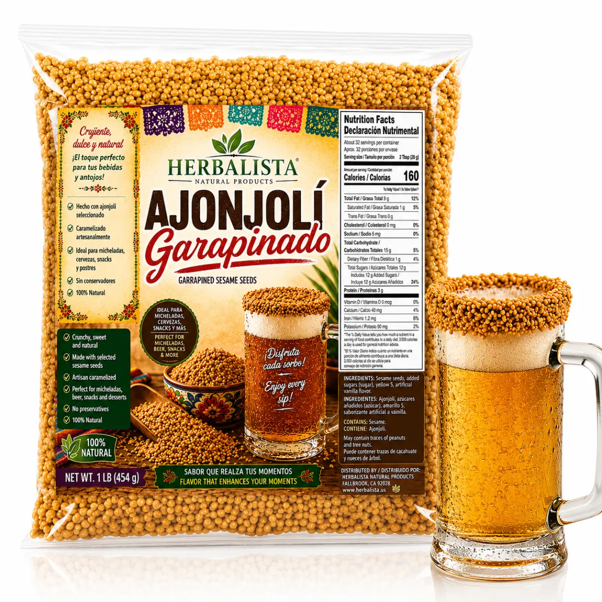 Herbalista Ajonjolí Garapiñado 1 LB (454 g) | Caramelized Sesame Seeds | Sweet Crunchy Rim Garnish for Micheladas, Beer, Cheladas, Snacks, Fruit Cups & Desserts | Authentic Mexican Style