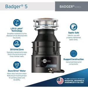 InSinkErator Badger 5 Garbage Disposal with Power Cord, Standard Series 1/2 HP Continuous Feed Food Waste Disposer, Badger 5 W/C, No Size, Black/Gray