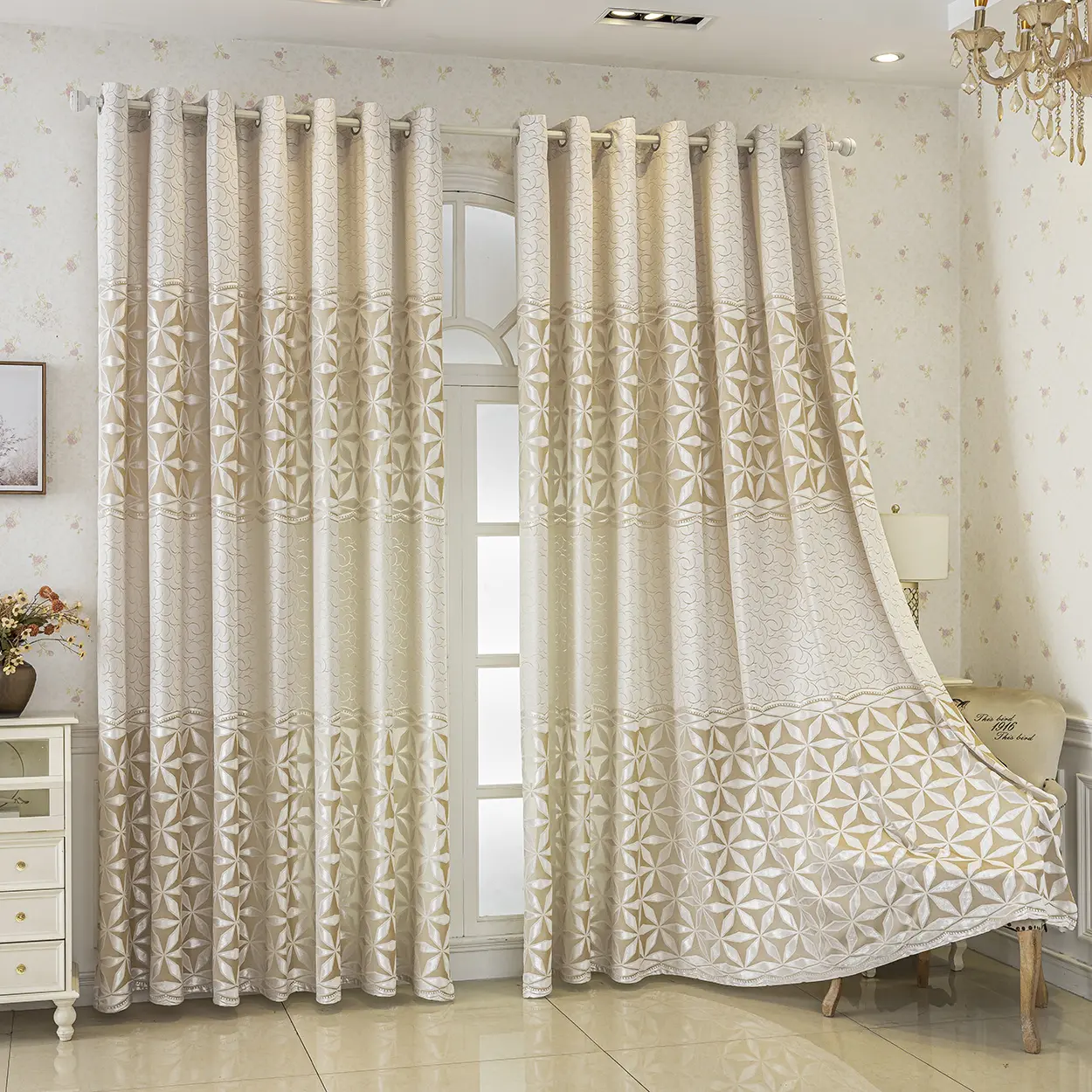 American Retro 2-Panel Beige Velvet Semi-Transparent Grommet-Top Curtains - Light Filtering Vintage Drapes with Attachment Device, Machine Washable for Living Room Decor, Bedroom Use
