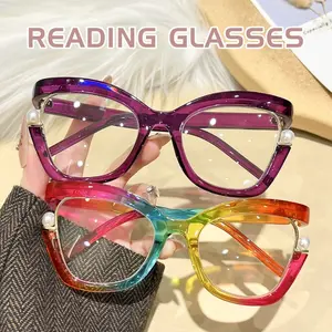 2pcs Fashion Trend Rainbow Color Pearl Decoration Cat Eye Large Frame Anti-blue Light Reading Glasses High Quality Eyewear | GIGULA Unisex-adult Polycarbonate Frame and Lens for Old-age Use and Daily Travel