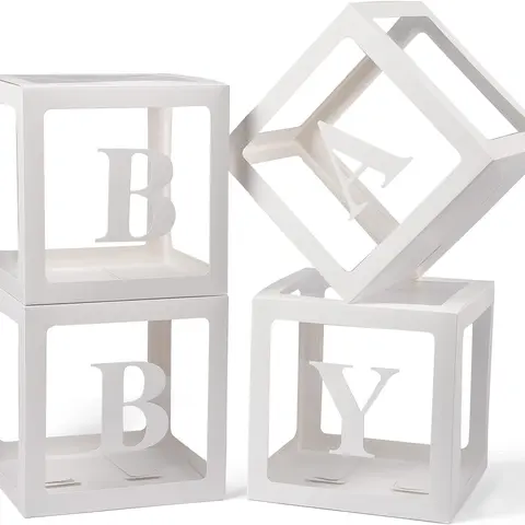 Baby Letter Boxes Clear Baby Shower Block Boxes with 4 Sets of Letters for Gender Reveal Decorations - Baby Boxes with 16 Letters for Birthday Party Transparent Letter Box