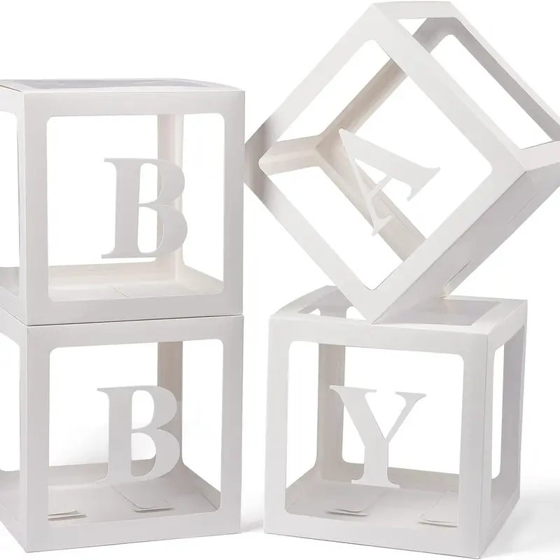 Baby Letter Boxes Clear Baby Shower Block Boxes with 4 Sets of Letters for Gender Reveal Decorations - Baby Boxes with 16 Letters for Birthday Party Transparent Letter Box