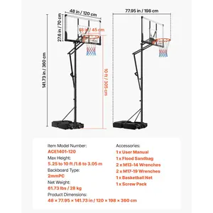 VEVOR Portable Basketball Stand, 5.25 to 10 ft Height Adjustment Basketball Hoop Goal, Portable Basketballs Hoop with 48 inch PC Backboard Wheels for Kids, Teens, Adults in Driveways, Pools