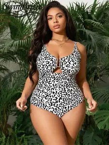 Briza｜ Women's Plus Size Leopard Print One Piece Swimsuit Sexy Cutout Plunge Monokini T