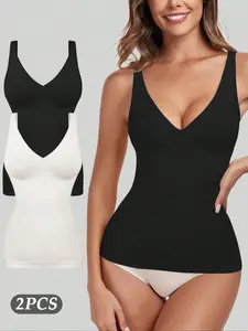 Women's 2-Piece Shapewear Tank Top Deep V Neck Tummy Control Seamless Slim Fit Body Sculpting Compression Top, Casual All-Seasons Undergarment, Moderate Fabric Thickness