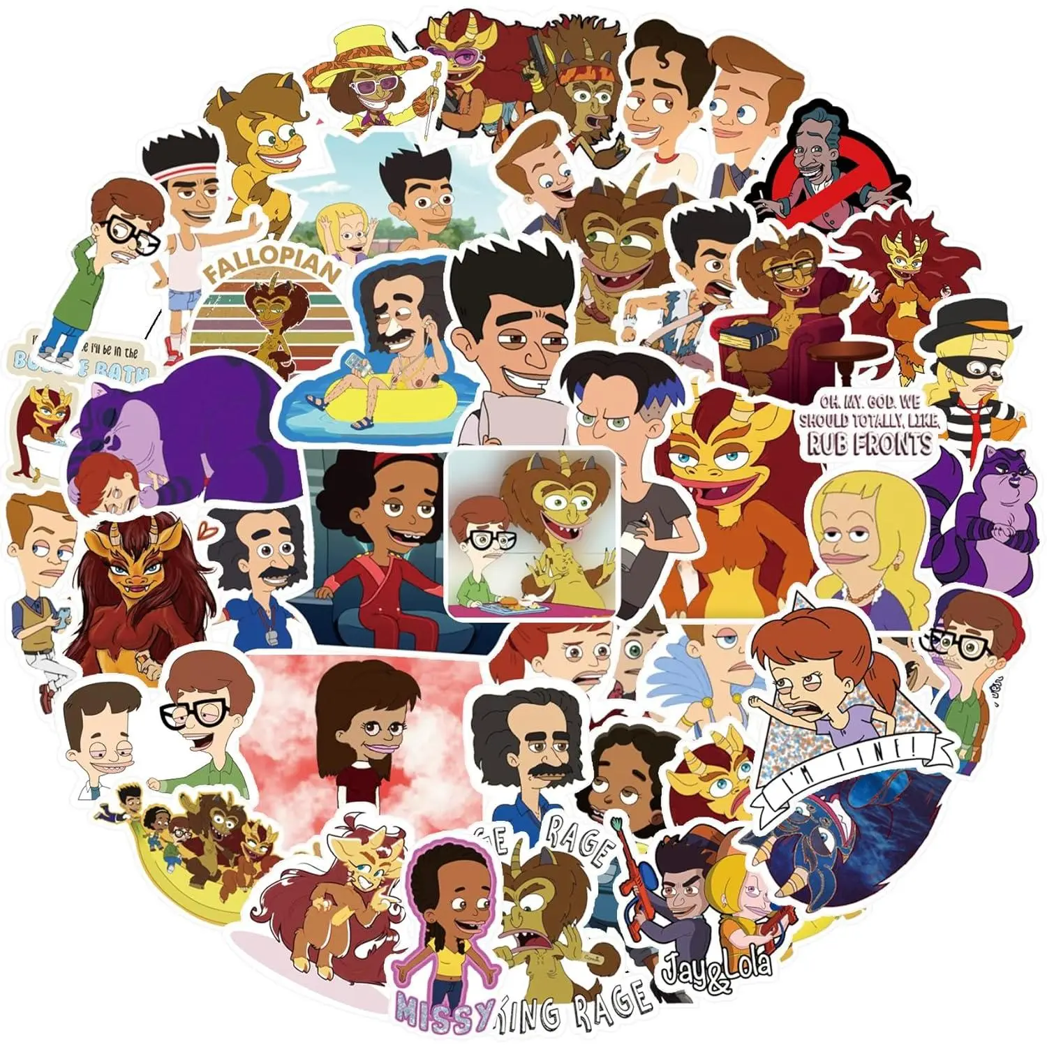 50 count Big Mouth Merchandise Stickers Pack,Cute Cartoon Vinyl  Graffiti Stickers for Water Bottle,Skateboard,Laptop,Phone, Decals for Adults for Party Supply DIY