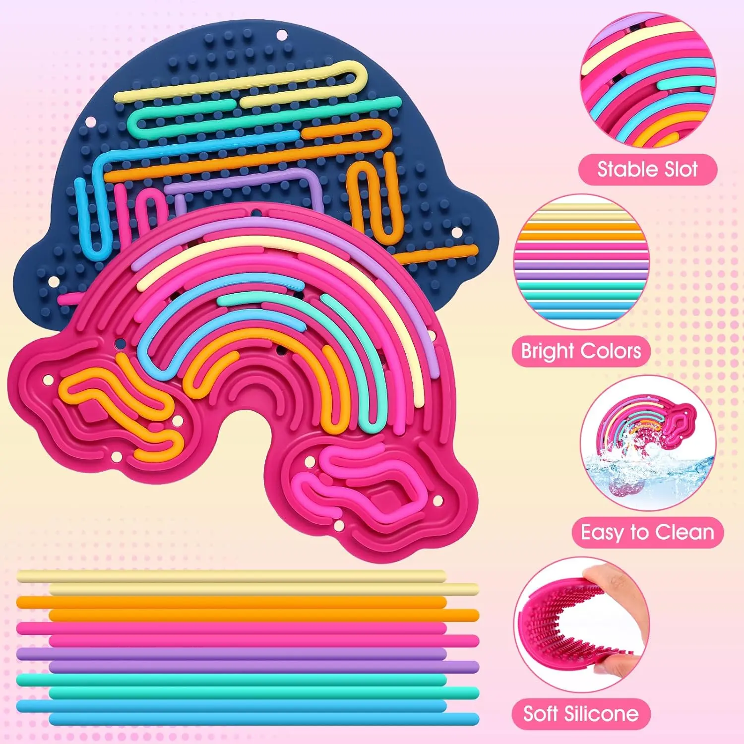 2PCS Sensory Activity Board Silicone Fidget Toy, Stress Relief Fidgets, Stress Relieving Item, Double-Sided Rainbow Sensory Toys for Autism, Stress, Anxiety, ADHD, Kids 3+& Adults, Includes Travel Bag & 24 Strings, Red & Dark Blue, Sensory Grippie Set