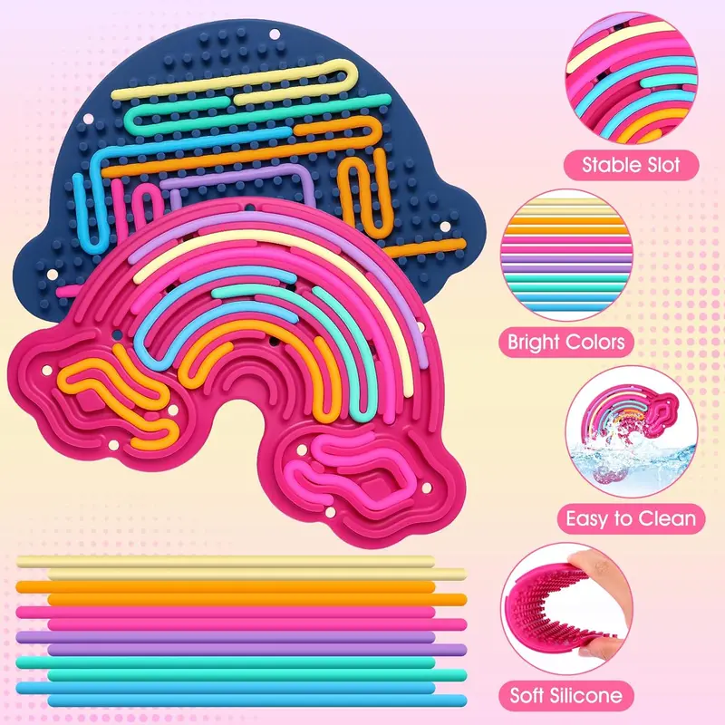 2PCS Sensory Activity Board Silicone Fidget Toy, Stress Relief Fidgets, Stress Relieving Item, Double-Sided Rainbow Sensory Toys for Autism, Stress, Anxiety, ADHD, Kids 3+& Adults, Includes Travel Bag & 24 Strings, Red & Dark Blue, Sensory Grippie Set