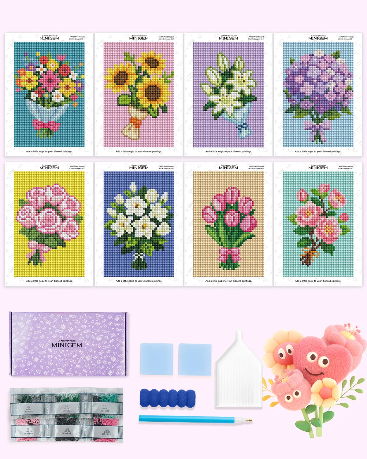 Foreveryoung Minigem Diamond Art Flowers Kits for Beginners, 8 Pcs Flower Resin Square Drill Diamond Painting Kits for Adults, 2-Hour Canvas Flower Small Diamond Art Kits for Adults (5x7 Inch)