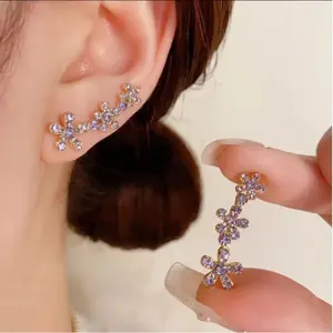 Shiny Super fairy-like purple full-diamond flower earrings, DDES0283 one-piece stud earrings, absolutely beautiful and versatile small flower earrings, 14K Gold-Plated