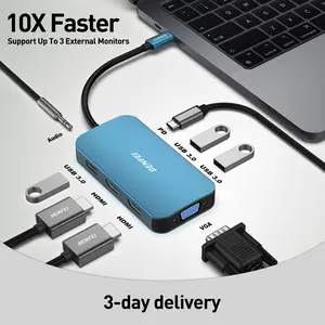 BENFEI USB C Docking Station, 8-in-1 USB C Hub with Triple Display Dual HDMI, VGA, 3*USB 3.0, 100W Power Delivery, 3.5mm AUX Audio Compatible with MacBook Pro, XPS and More