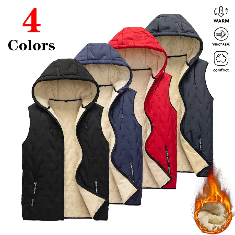 Men’s Fleece-Lined Warm Hooded Waistcoat - Menswear Tops, Casual Lightweight Sleeveless Full-Zip Work Gilet with Side Zipper Pockets, Ideal for Outdoor Snowy Hiking & Fitness