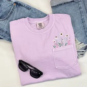Orchid Comfort Colors Embroidered Tshirt, Spring Tee, Wildflower Pocket Shirt, Embroidered Flower Shirt, Flower Pocket Shirt, Gift for her