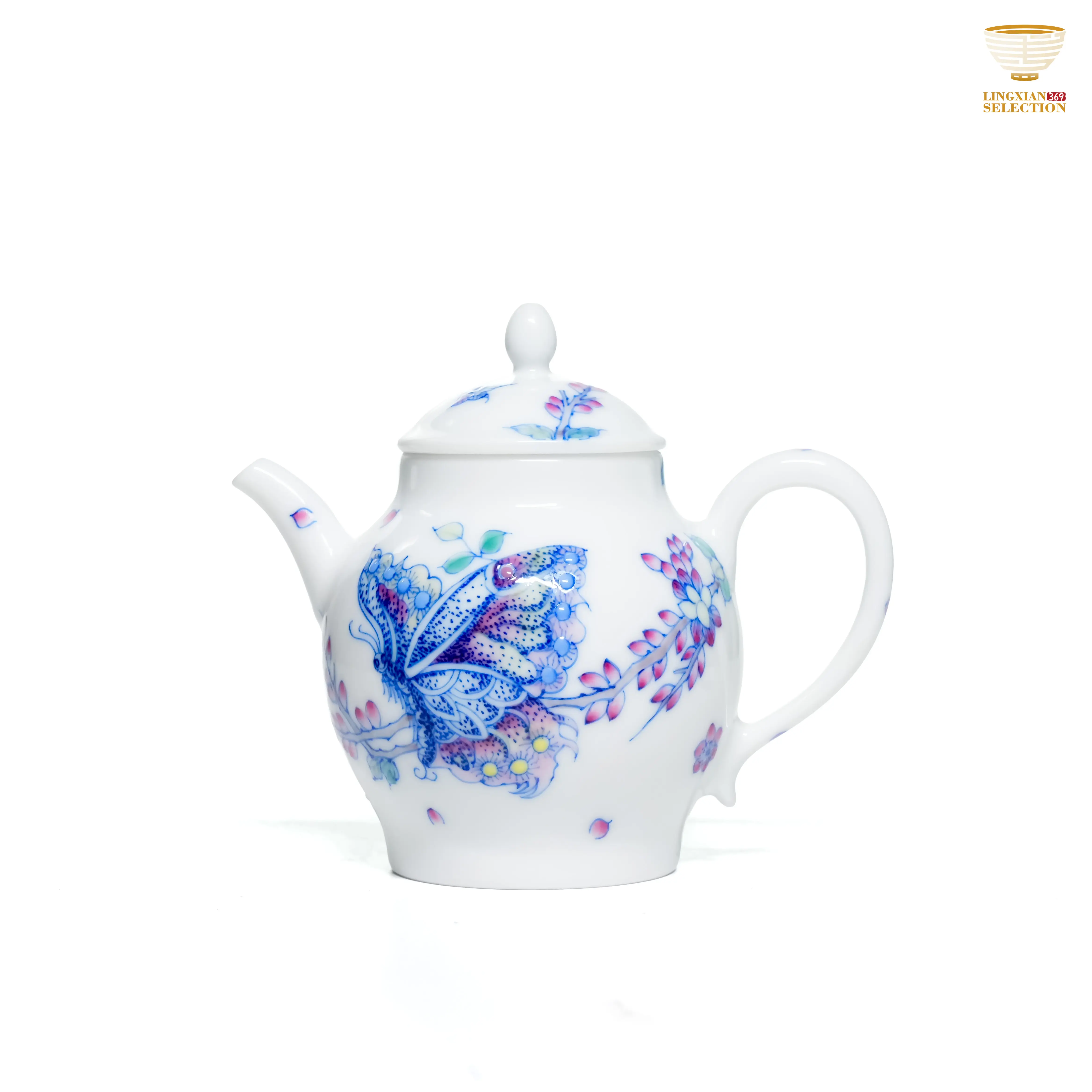 Gushan Kiln Handcrafted Doucai Teapot & Teacup with Butterfly Design
