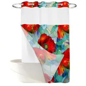 1PC 2D Flat Art Stained Glass Red Rose Shower Curtain, Color Block Glass Mosaic Design, Waterproof Detachable Liner Bathroom Curtain (No Hooks)