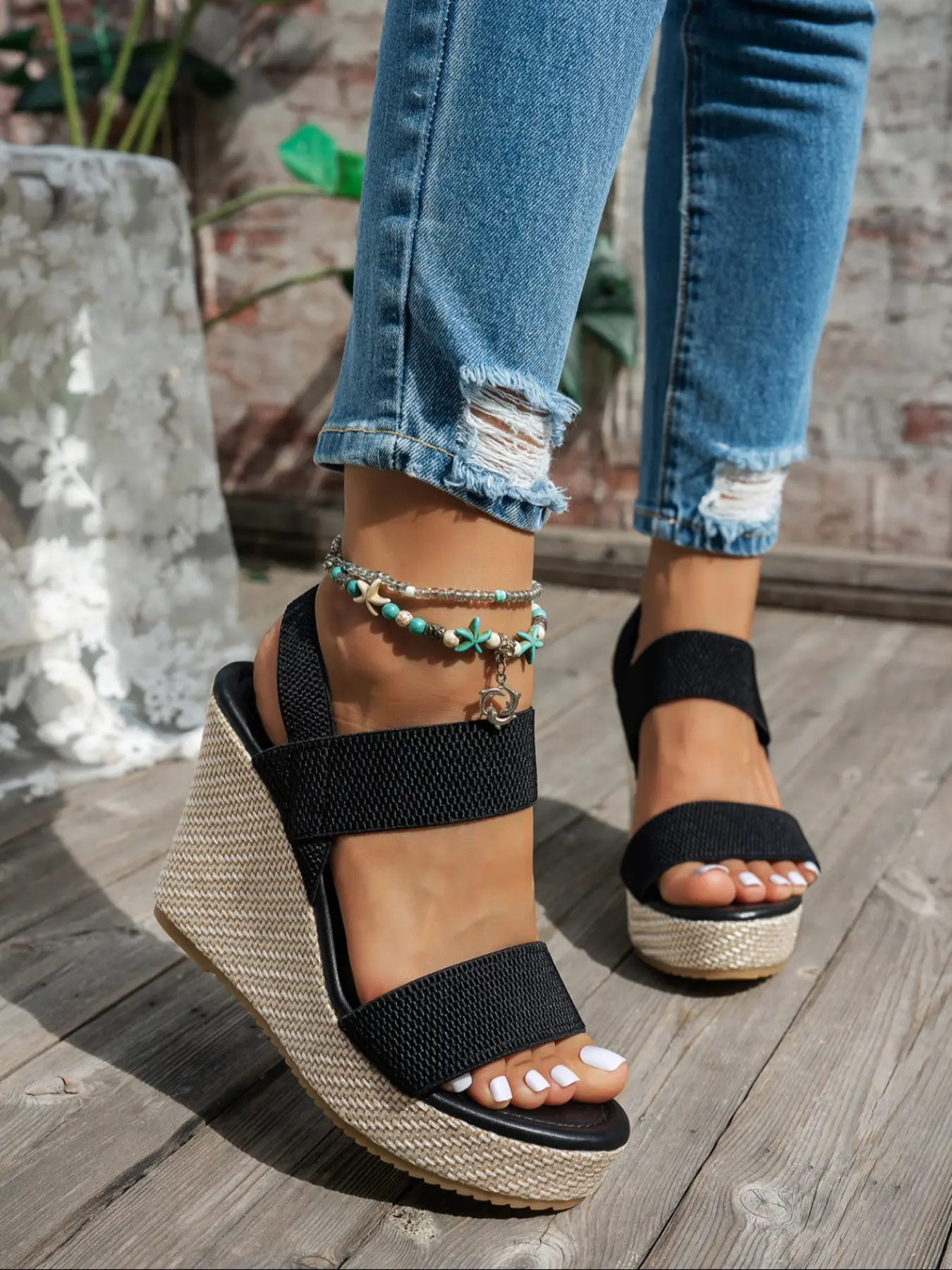 Women's Wedge Thick Sole Sandals, Large Size Fashion Casual Breathable Shoes, Woven Midsole, Waterproof Chunky Wedge Heel, Elegant High Heels, Platform Wedge, Ankle Strap Wedge, Low Wedges Platform, Platform Footwear, Fashionable Heeled Sandals