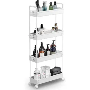 Slim Rolling Cart with Wheels 4 Tier Skinny Organizer Shelf Unit Thin Laundry Room Cart for Bedside Office Next to Fridge Small Places, White