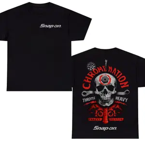 Snap-on Chrome Nation Skull T-Shirt – Snap-on Mechanic Skull Wrench Graphic Tee, Soft Cotton Blend Shirt, Torque Tested Garage Car Culture Apparel for Men & Women, Mechanic Biker Gift