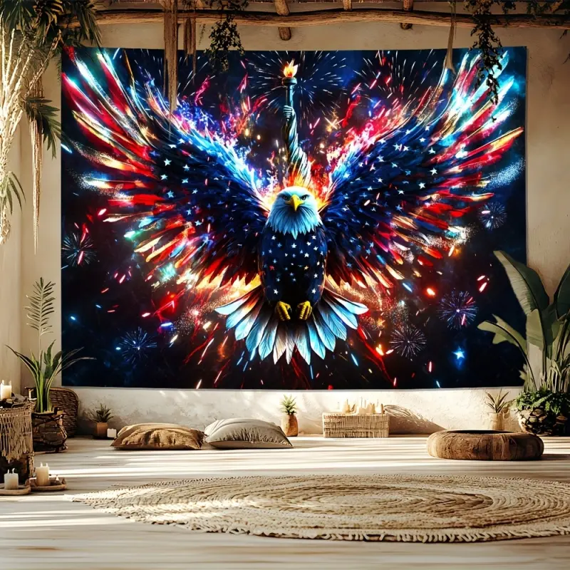 Neon,Nature,Bohemian,Sun,Bald Eagle & American Flag Themed Polyester Tapestry, Patriotic Symbol Backdrop, Vibrant Wall Art, Indoor-Outdoor Home Decor for Living Room & Bedroom, Creative Gift, Americana Tapestries, Artwork Tapestries