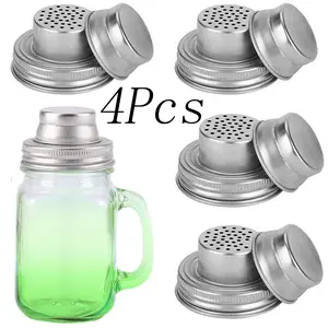 Stainless Steel Shaker Lids 4 Pcs Silvery Canning Lid Mason Jar Spice Shakers with Built-in Strainer for Salt Sugar Pepper Kitchen Seasoning Tools