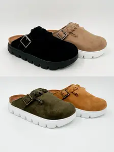 Women's Slip-On Faux Suede Clogs - Strappy Open-Toe Shoes with Wide-Toe Braid Buckle and Cushioned Platform Sole, Shoe