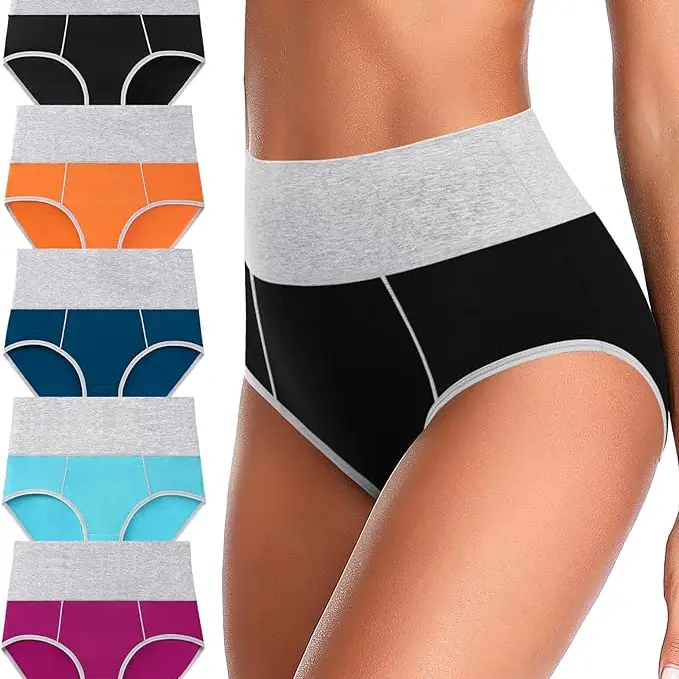 Eiggam Women's Cotton Blend High-Waisted Brief Panties 5-Pack - Soft Cotton Fabric Underwear for Women with Tummy Control, Smooth, Stretchy, Light, Breathable, Full Coverage, No Muffin Top, Double Layer, Elastic Wrap Compression for Everyday Wear