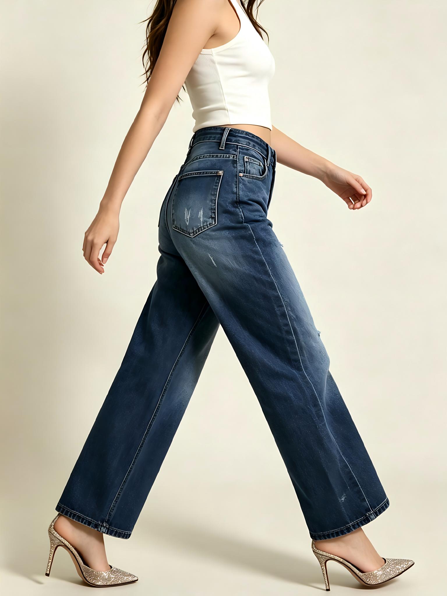 women's versatile mid wasit denim muliti-pocket denim trousers for women Straight Bottom Minimalist classic women's pants stretch wide leg jeans daily urban fashion wear womenswear simple style  Straight Bottom Minimalist