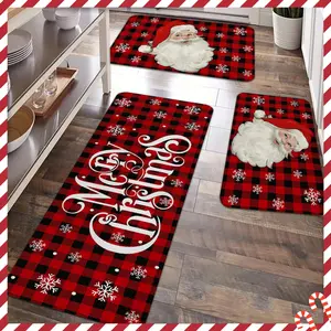 2/3pcs Christmas kitchen anti slip floor mat, vintage Santa Claus, water buffalo grid anti slip floor mat, thick and comfortable soft flannel carpet, suitable for kitchen, entrance door, laundry room, living room, Kitchen Area Rug, Home Decor Rug