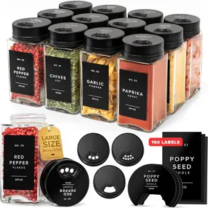 Large Glass  Jars with Label and Black Rotating/Sprinkle  (12 x 6.7 fl oz)  Containers with 160 Labels, Shaker Inserts, Funnel, Empty Square Containers [4.7 in x 2.2 in]