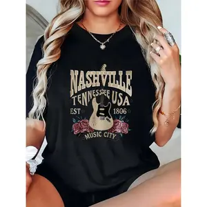 Women's Nashville Tennessee USA Guitar & Rose Retro T - Shirt, Music City Est 1806 Graphic Tee, Casual Summer Concert Travel Outfit for Music Lovers 100% Cotton T-shirt