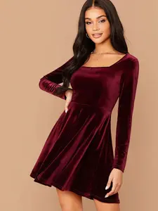 Belle Women’s Burgundy Velvet Dress – Square Neck Flared Holiday Party Dress, Elegant Christmas & Winter Evening Outfit
