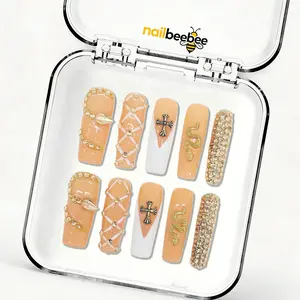 Amber Gothic Snake Nude Gothic Press On Nails, Mid-Square Gold Snake Cross Rhinestone Fake Nails, Luxury Handmade Reusable Acrylic Nails for Party