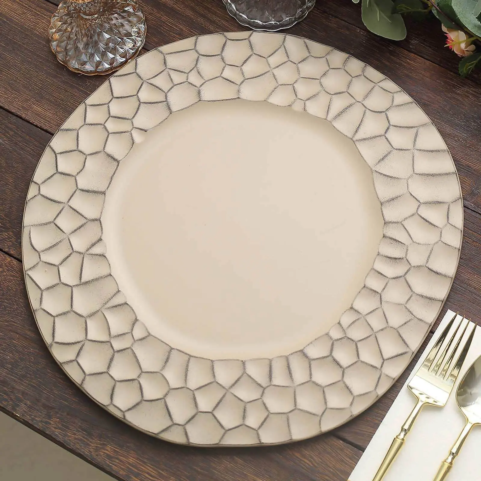 13" Taupe Hammered Rim Matte Finish Round Charger Plates, 6-Pack Modern Dinner Charger Tableware, Dinnerware