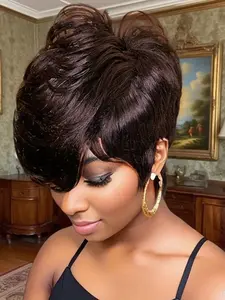 Women Short Pixie Cut Wig, Bob Style Human Hair Quality Wig with Bangs, Non-Lace Front Design, Layered & Full Machine-Made Construction