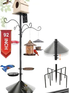 92 Inch Squirrel Proof Bird Feeder Pole with 9 Prongs Base, 1 Inch Dia Bird House Pole, Heavy Duty Bird Feeder Stand, Adjustable Shepherds Hooks for Outdoor with Squirrel Baffle Birdbath Tray