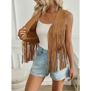 TikChic Closet Western Fringe Vest Women Sleeveless Solid Color Studded Details Casual Spring Summer Fall Fashion atasan  wanita Fabric Tops