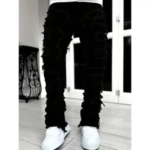 Stylish Men Hiphop Stacked Spliced Washed Slim Jeans Pants High Quality Street Male Distressed Straight Biker Denim Trousers