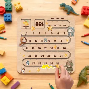 Multi layered Sliding Design Wooden Calendar, Featuring 12 Months and Important Festival Logos, Small animal Calendar Board, Interactive Daily Calendar Board for Home & Office Decor
