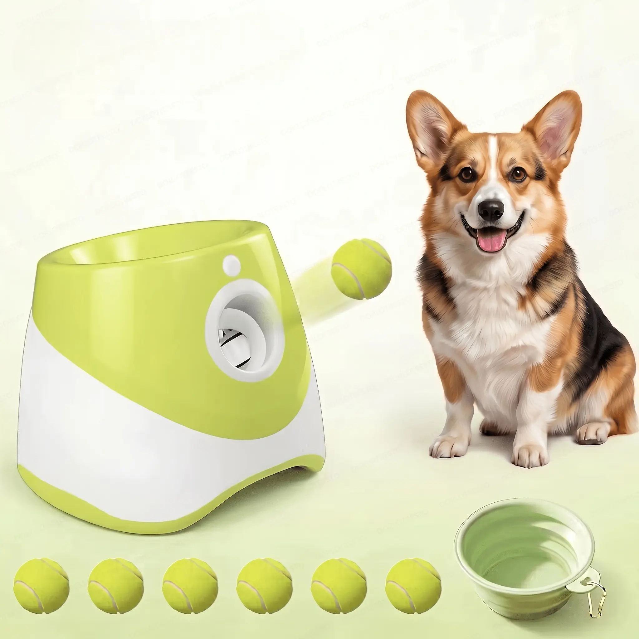 Automatic Dog Ball Launcher with Adjustable 10–30 ft Range, Interactive Tennis Ball Thrower for Small & Medium Dogs, Includes 6 Mini Tennis Balls & Foldable Water Bowl for Indoor & Outdoor Training
