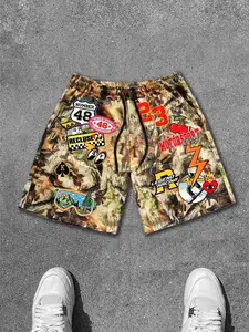 Y2K Camo Patchwork Graphic Shorts, Oversized Baggy Streetwear, Retro Racing Patches, RealTree Camouflage, Summer Casual Gym Shorts, Trendy Aesthetic