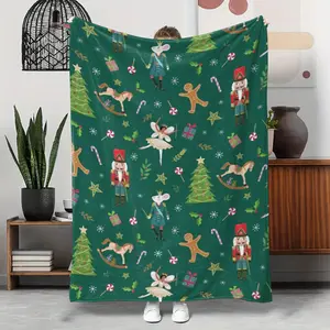 1pc exquisite green Christmas nutcracker gingerbread man ballet girl cedar print blanket - bed blanket - nap blanket - small cover blanket - sofa blanket, Christmas home decoration, suitable for all seasons and camping use for home and office use,