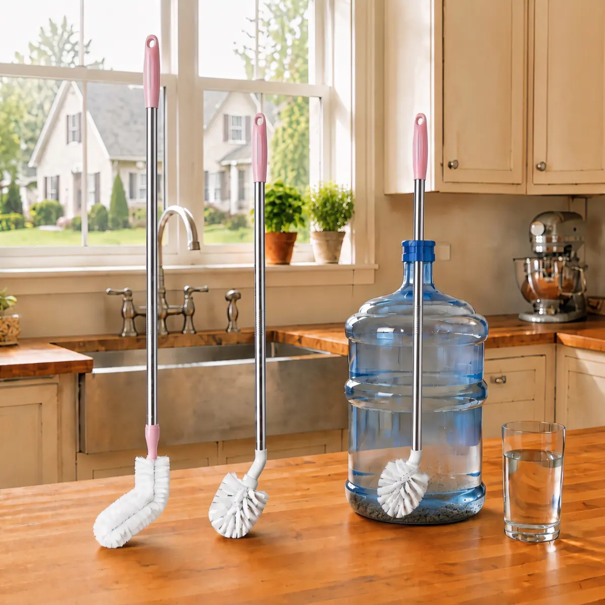 2-Pack Double Heads 5 Gal Water Jug Cleaning Brush Set, Extra Long Stainless Steel Handle, Long Reach Bottle Cleaner for 3 & 5 Gal Jugs, Carboy, Kitchen Containers